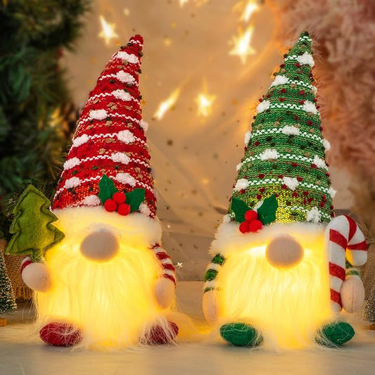 Christmas Gnome Decorations Indoor 11.4inch Light Up Christmas Gnomes Plush Home Decor Leprechaun Hold Candy Cane Ornaments with LED Lights Elf Tiered Tray Xmas Gifts Decor (Set of 2)