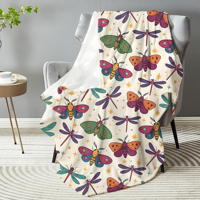 Colorful Butterfly Dragonfly Blanket, Plush Soft Lightweight Warm Cozy Flannel 60×50 inch Throw Blanket with Insect Pattern for Couch, Travel, Bed, Outdoor, Gifts for Kids Teens Adults Women