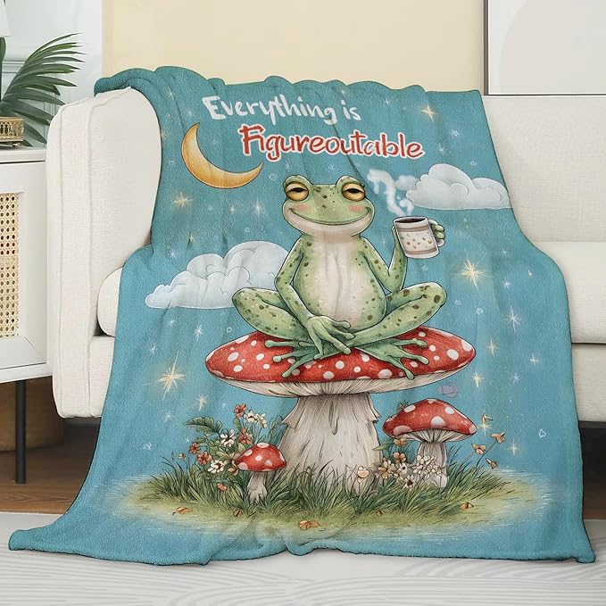 Funny Cartoon Frog Blanket,Playful Gifts for Animal Lovers,Soft Lightweight Throw Blankets,Whimsical Mushroom and Moon on Blue Throws Home Decor,for Camping Living Room Office,60x50inch