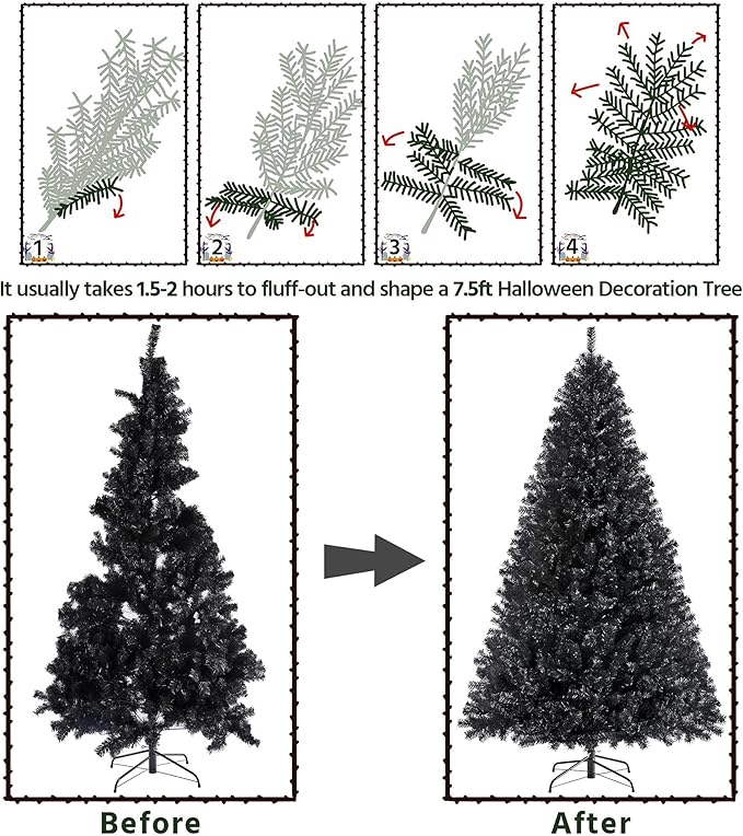 Yaheetech 7.5Ft Pre-Lit Halloween Black Artificial Hinged Christmas Pine Tree Prelighted Xmas Tree for Home Party Holiday Decoration with 550 Clear Warm White Lights and 1354 Branch Tips