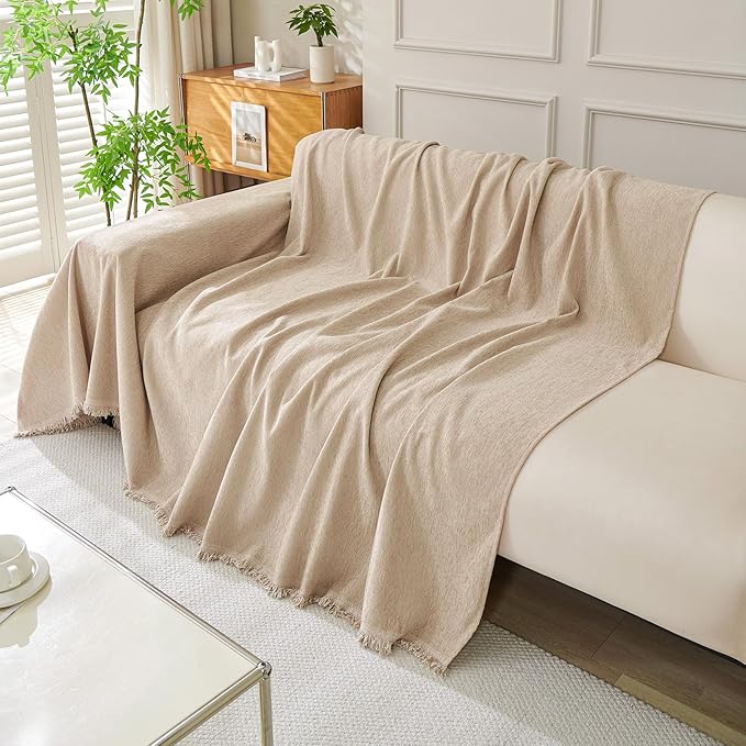 DREAMINGO Sofa Covers Washable Thick Chenille Couch Cover for 3 Cushion Couch Sofa Multi-Use Couch Cover Blanket Modern Pet Furniture Protector Sectional Couch Slipcover 91"x134", Khaki