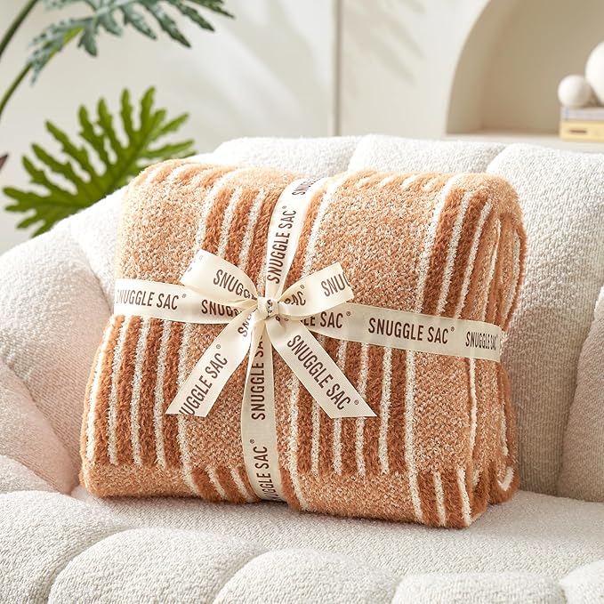 Snuggle Sac Checkered Orange Throw Blanket for Fall,Super Soft Reversible Cozy Warm Blanket for Couch Sofa Bedroom,Cute Lightweight Striped Throws for Women,Heather Orange,50x60 inches