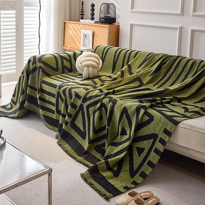 DREAMINGO Boho Couch Cover Washable Chenille Sofa Cover Blanket Green Black Furniture Protector for Sectional 2 Cushion Couch Reversible Geometric Jacquard Loveseat Slipcover, Large 71"x118"