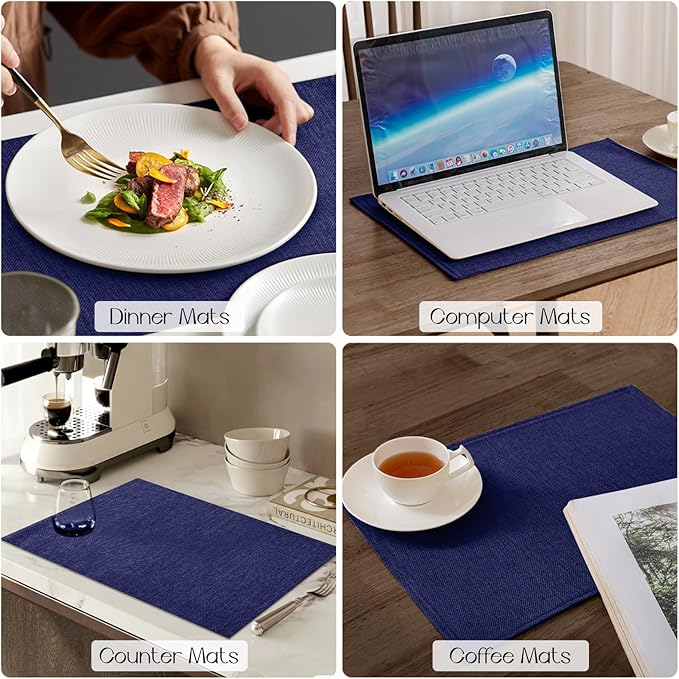Romanstile Cloth Placemats Set of 8-12 x 18 Inch, Heat Resistant Double Layered Thickened Burlap Place Mats, Washable Faux Linen Farmhouse Table Mats for Kitchen/Dining/Party/Outdoor, Navy Blue
