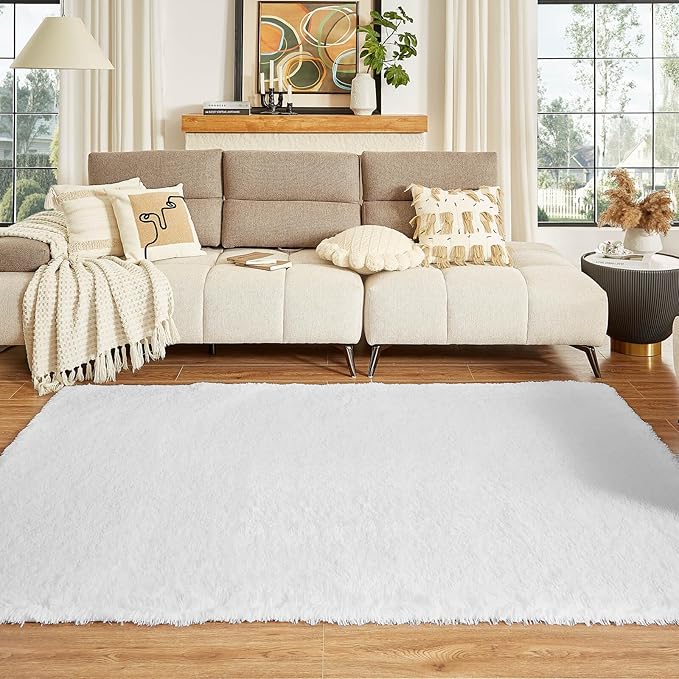 Floralux Bedroom Rug 8x10, Large White Shag Rugs, Soft Fluffy Shag Area Rug for Living Room, Plush Modern Floor Carpet for Boys Girls Room, Dorm Home Decor Aesthetic