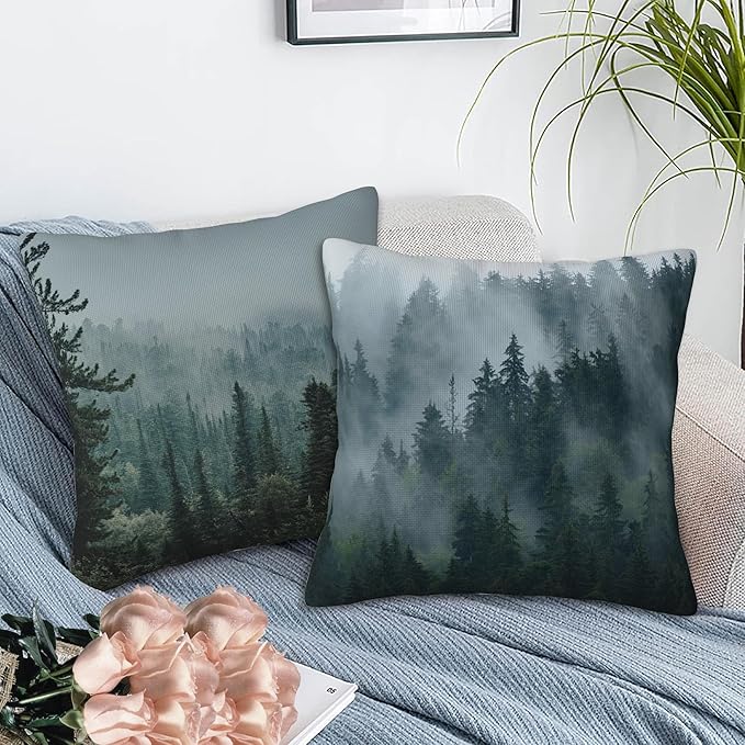 Misty Forest Throw Pillow Cover Case Misty Valley and Dark Forest Throw Pillows Set of 2 Soft Pillow Covers 18x18 Inches Farmhouse Home Decor for Living Room Bedroom Sofa Couch Cushion Cover