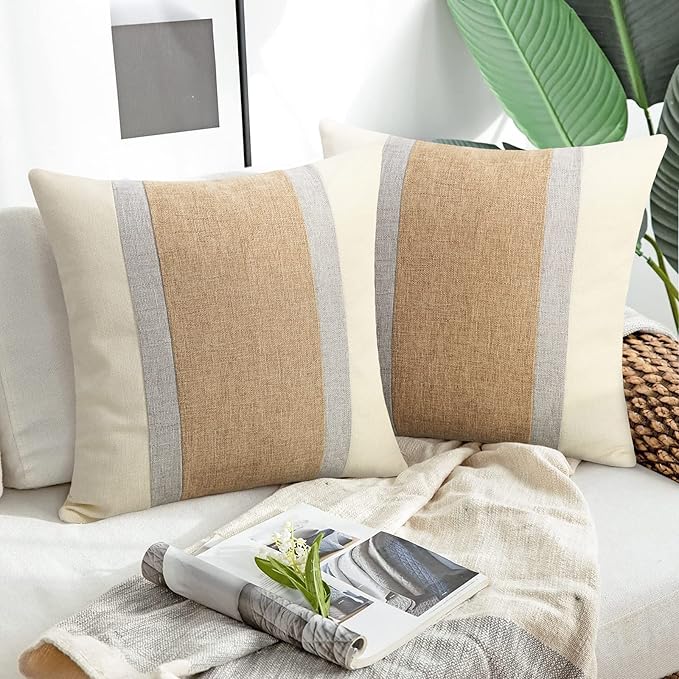 Pyonic Pack of 2 Boho Pillow Covers Farmhouse Decorative Square Pillowcases for Couch Sofa Living Room Outdoor Decor,Cream White and Grey,18 x 18-Inch