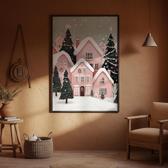 OZCONO Pink Christmas Town Wall Art, Winter Village Print, Whimsical Christmas Decor, Christmas Farmhouse Design Idea, Xmas Seasonal Art (Unframed) (20x30)