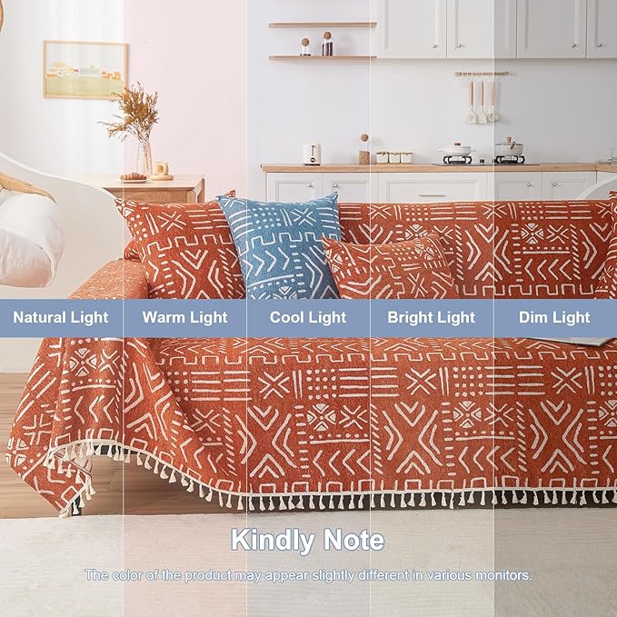 VClife Couch Cover for Sectional Sofa, Japanese Sofa Cover with Tassel, Soft Chenille Boho Couch Covers for 3 Cushion Couch Sofa Washable White Caramel Sofa Slipcover for Living Room 71"x 134"