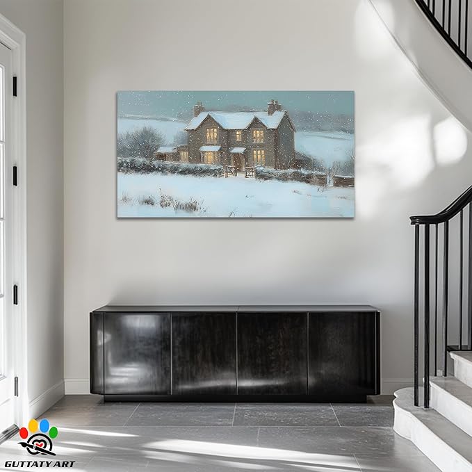 GUTTATY Christmas Winter Canvas Wall Art, Cozy House Snow Scene Canvas Painting, Christmas Winter Landscape Poster for Living Room, Office Decor, Gift for Family, 60x30 Inch