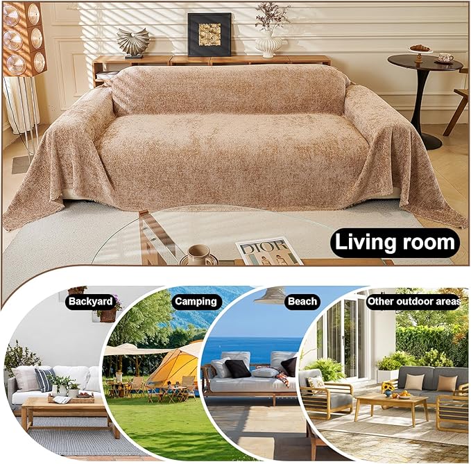 ROOMLIFE Boho Khaki Couch Cover for Dogs, Washable Non Slip Furniture Protector Couch Sofa Covers for 3 Cushion Couch, Soft Chenille Sofa Slipcovers Couch Cover Throw Blanket with Tassels 71''X134''