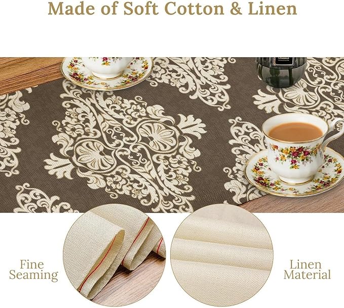Damask Floral Pattern Table Runner,Brown Beige Distinctive Farmhouse Table Runner for Kitchen Family Dinner Table Holiday Party Farmhouse 13x108in