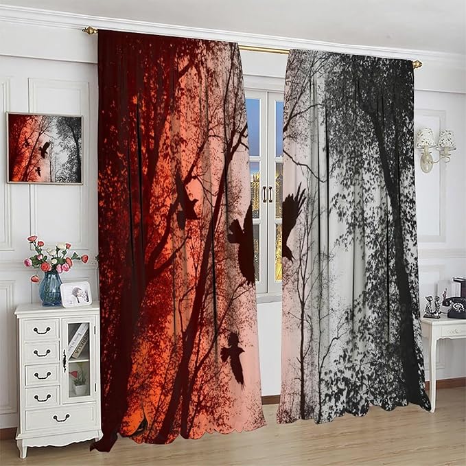 Gothic Halloween Forest Blackout Window Curtains, Scary Crow Forest Gothic Theme Window Treatments Drapes, for Bedroom Living Room 36(W)*63(L) 2 Panels