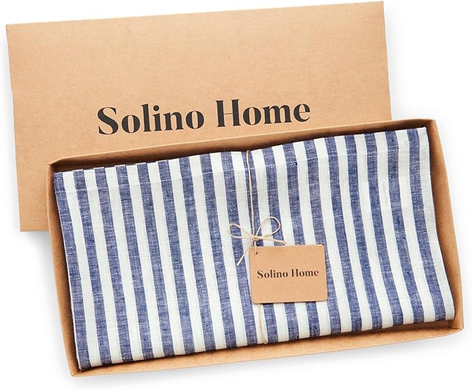 Solino Home Linen Tablecloth 60 x 90 Inch - Amalfi Stripe 100% Pure Linen Navy and White Table Cloth for Rectangle Tables - Machine Washable Tablecloth for Autumn, Thanksgiving, Christmas, Winter