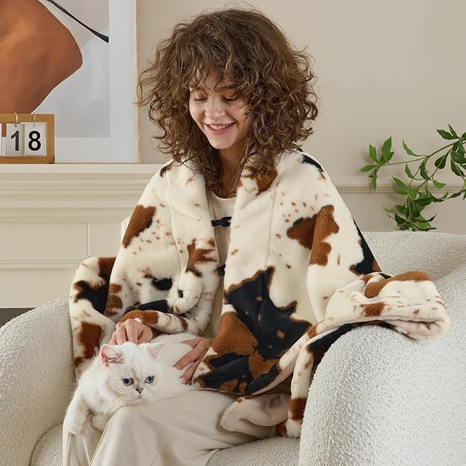 Krifey Faux Fur Blanket with Knot, Soft Cozy Fuzzy Plush Thick Warm Throw Blanket, Faux Rabbit Fleece, Christmas Birthday Gifts for Girls Women Mom, As Shawl, Cow Print, 48x62in