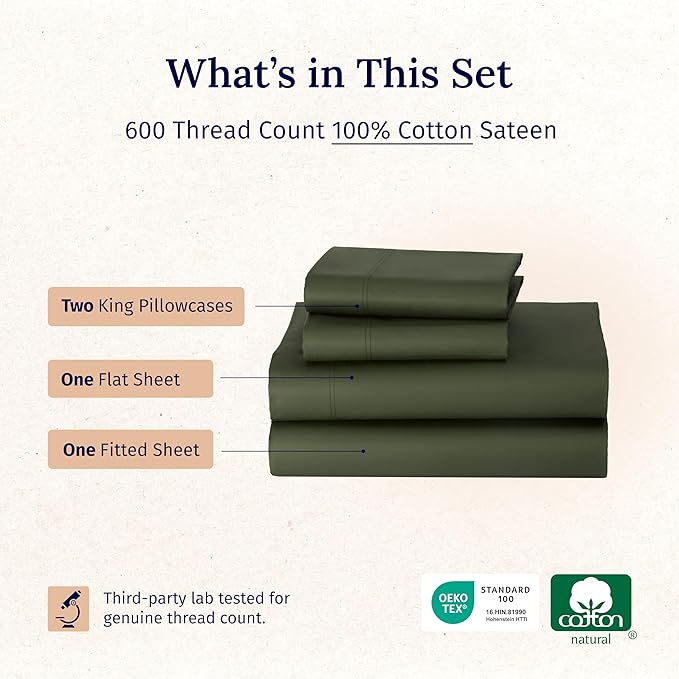 California Design Den King Deep Pocket Sheets Set - Luxury 600 Thread Count 100% Cotton Sheets King Size, Sateen, Hotel-Quality, Better Than Egyptian Cotton Sheets - Olive Green