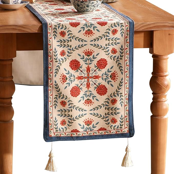 patdrea Designer Vintage Bright Farmhouse Extra Long Linen Table Runner 118 Inch Long, Maroon Floral Pattern Table Mat, Decor for Kitchen Dining Coffee Table Cabinet Banquet Christmas ,16"*118"