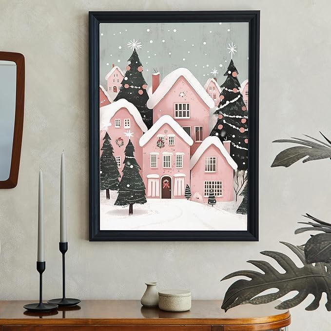 OZCONO Pink Christmas Town Wall Art, Winter Village Print, Whimsical Christmas Decor, Christmas Farmhouse Design Idea, Xmas Seasonal Art (Unframed) (9x11)