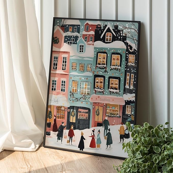 OZCONO Pastel Winter Town Wall Art for Christmas Decoration, Whimsical Snowy Village Scene for Seasonal Display, Retro Holiday Street Artwork, Cozy Xmas Home Accent, Noel Print (Unframed) (12x18)