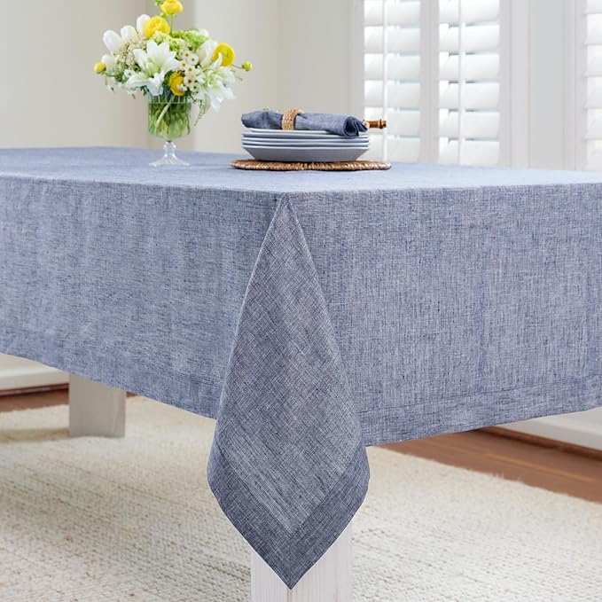 Solino Home Linen Tablecloth 60 x 90 Inch - 100% Pure Linen Chambray Indigo Table Cloth for Rectangle Tables - Athena, Machine Washable Tablecloth for Christmas
