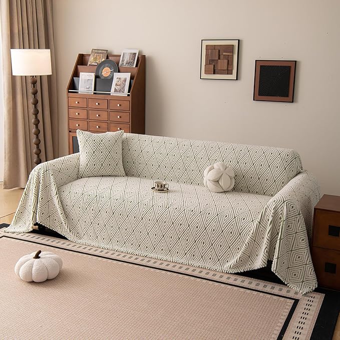 ROOMLIFE Striped Boho Green Couch Cover for 2-3 Cushion Sofa, Fuzzy Plush Warm Sofa Slipcovers Sectional Sofas Covers, Non Slip Washable Furniture Protector Soft with Tassel,Winter 71''X134”