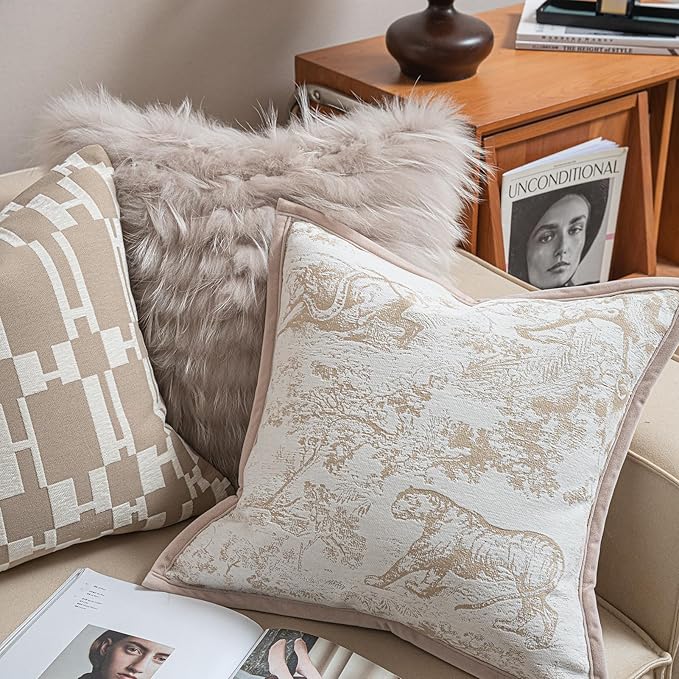 2025 New 20x20'' inches Throw Pillow Cushion Covers - Jungle Pattern with Edge Strip Chenille Jacquard Embroidery Luxury Modern Style Couch Sofa Bed Pillow Cover for Living Room Bedroom