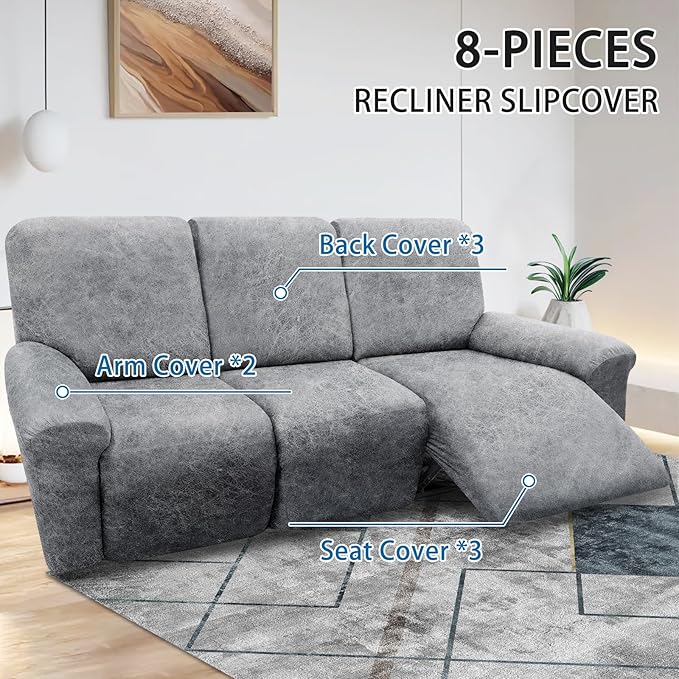 Couch Cover 8-Pieces Sofa Covers Washable Recliner Sofa Covers 3 Seater Leather Look Recliner Slipcovers with Pockets Spandex Fabric Furniture Covers(Recliner Sofa, Light Grey)