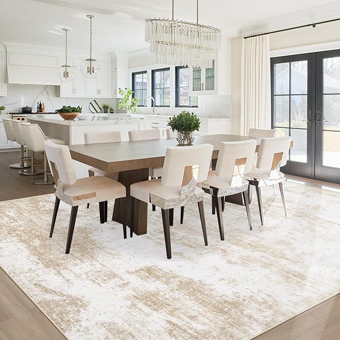 9x12 Area Rugs for Living Room: Washable Modern Abstract Rug Large Soft Non Slip Living Room Rug Indoor Low Pile Carpet for Bedroom Dining Room Home - Beige