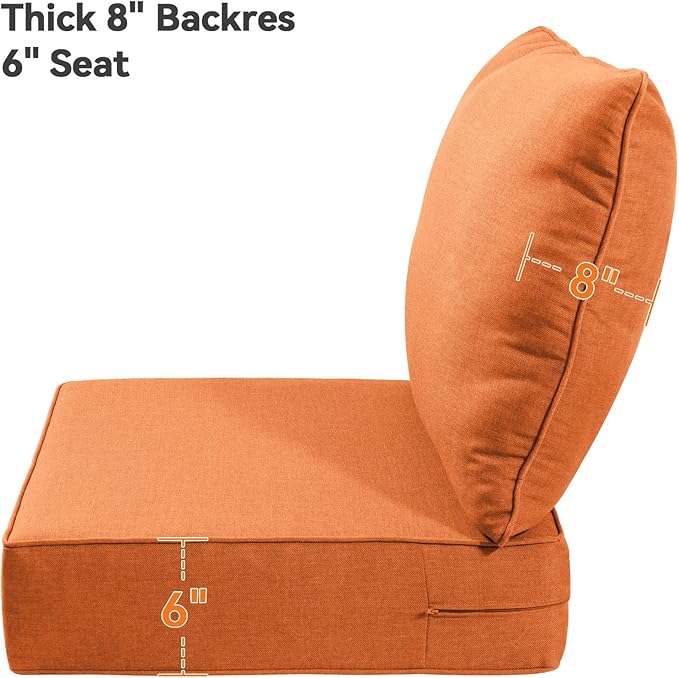 6" Thick Outdoor Cushions 24x24x6, 1-Set Deep Seat Patio Cushions with Removable Cover, Waterproof & Fade Resistant Replacement for Wicker Chair, Loveseat, Sofa - Orange