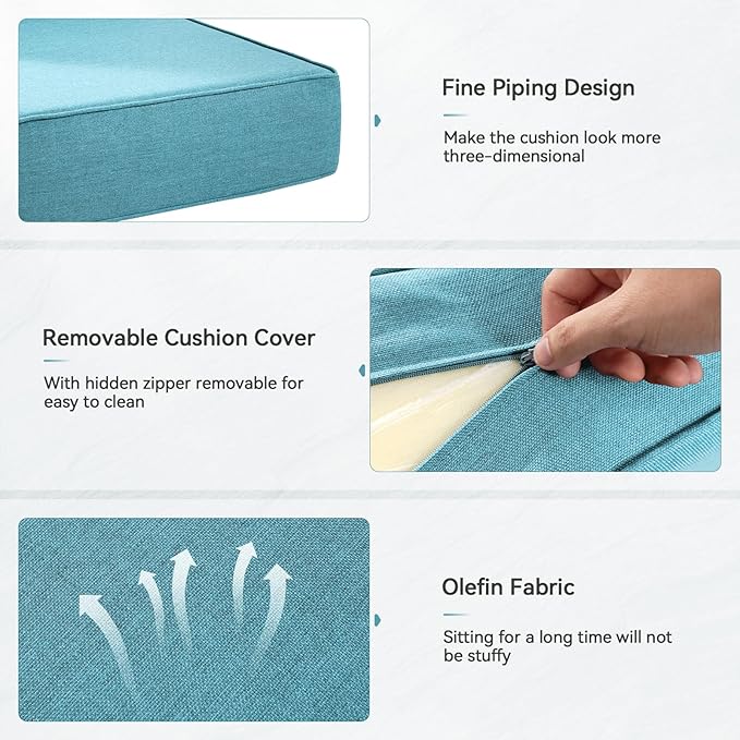 6" Thick Outdoor Cushions 22x24x6, 3-Set Deep Seat Patio Cushions with Removable Cover, Waterproof & Fade Resistant Replacement for Wicker Chair, Loveseat, Sofa - Teal