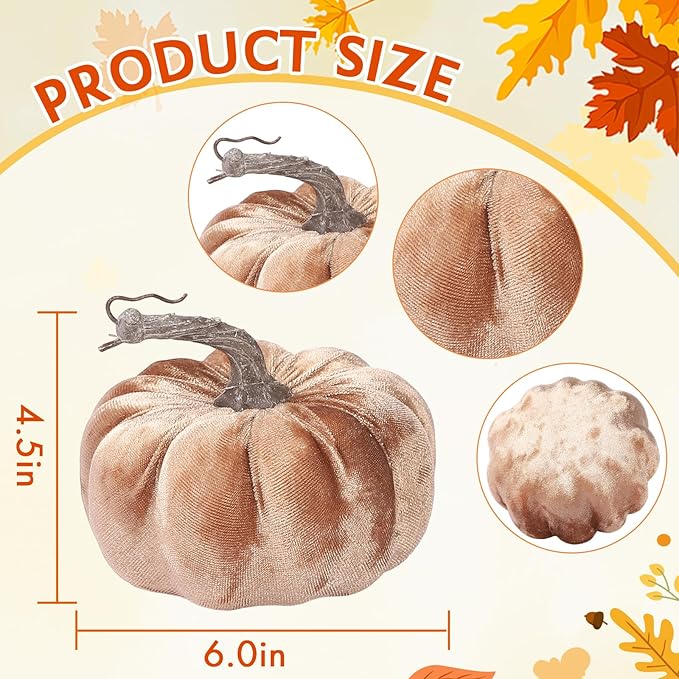 2pcs Velvet Fake Pumpkins Fall Harvest Fabric Foam Pumpkin Thanksgiving Halloween Decor for Table Centerpiece Wedding Farmhouse (2, Beige Coffee, M)