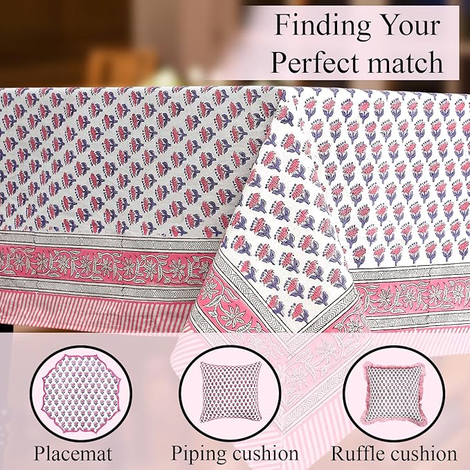 CPC Tablecloth 100% Cotton 72x160 Inch Indian Block Print Rectangle Table Cover, Pink Table Cloth for Weddings, Spring/Summer, Barbeque - Pink Sapphire