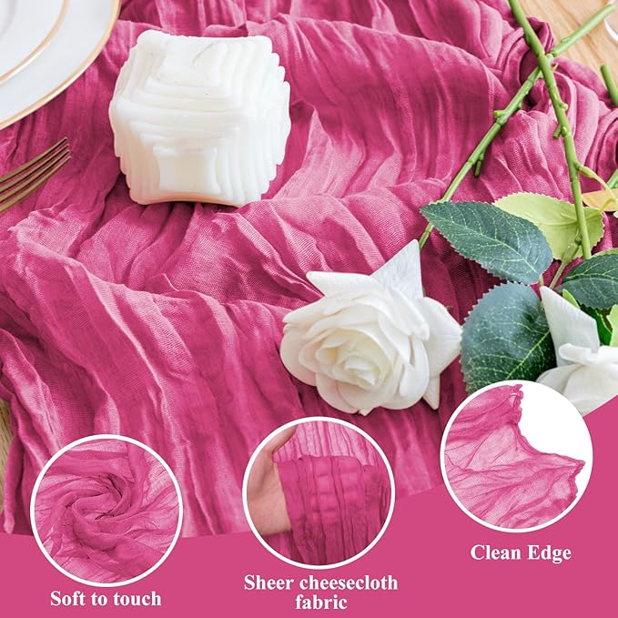 Wokceer Cheesecloth Table Runner 2Pack 10FT Deep Pink Boho Gauze Cheese Cloth Table Runner for Party Long Rustic Sheer Table Runners for Baby Bridal Shower Wedding Easter Table Decor