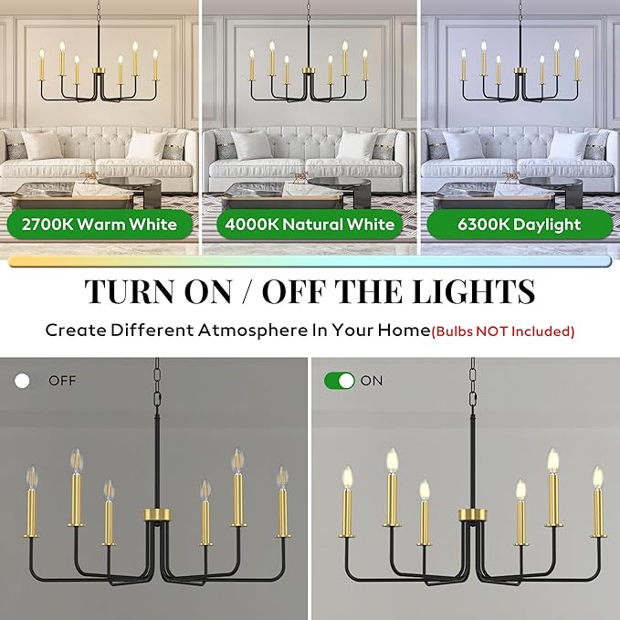 Farmhouse Chandelier, 6-Light Metal Hanging Ceiling Light Fixture for Dining Room, Kitchen Island, Living Room, Entryway, Foyer-Black and Gold
