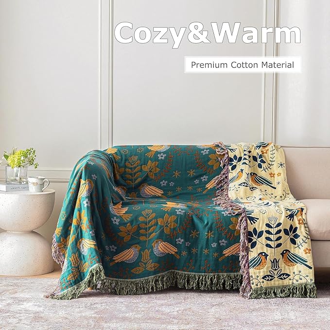 Queen Throw Blanket for Bed 100% Cotton Boho Ultra Soft Quilt Birds and Floral Double Embroidery Fall Queen Bed Blanket Bedspread,90" x 90" All Season Blankets for Bedding Couch