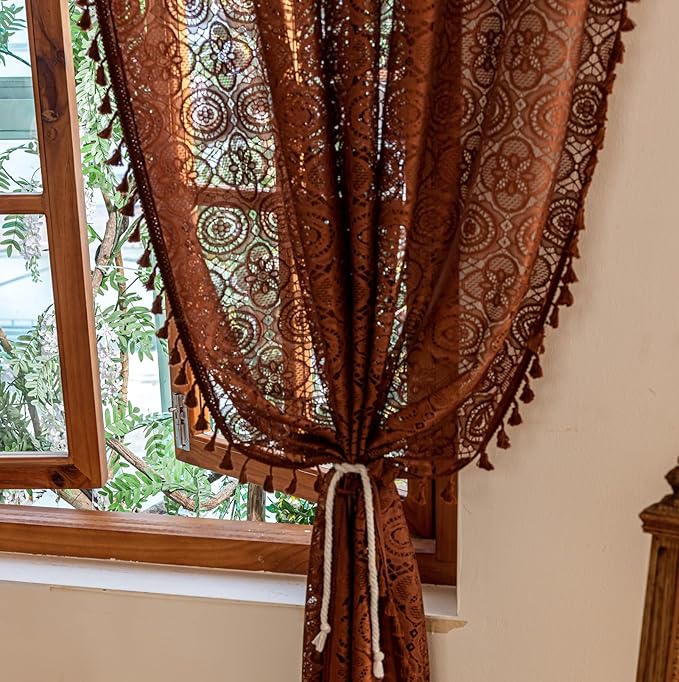 Chocolate Brown Curtains with Tassel for Bedroom Living Room Boho Crochet Doily Pattern Lace Sheer Curtains 63 Inch Length 2 Panels Fall Light Filtering Bay Window Curtain Panels W59 x L63 Brown