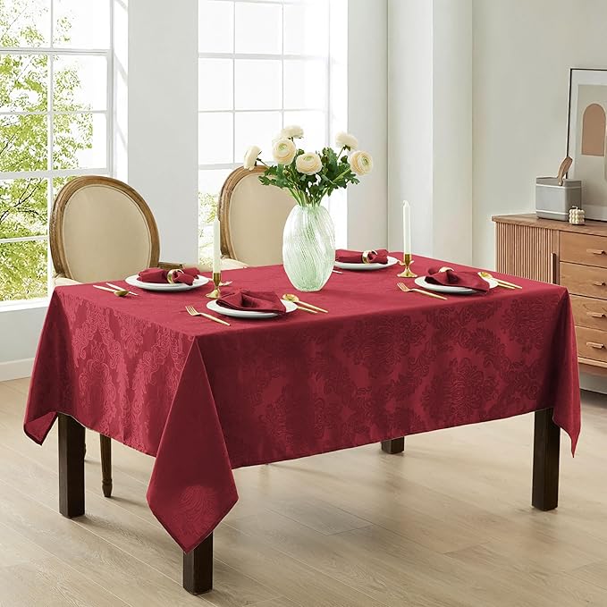 Newbridge Barcelona Damask Fabric Tablecloth, 52 x 52 Inch Square, Burgundy – No Iron, Soil Resistant Table Cover for Dining, Parties and Holidays
