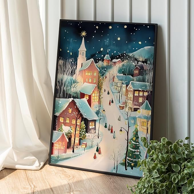 OZCONO Christmas Evening Village Wall Art for Winter Holiday Home Decor, Xmas Print, Cozy Snowy Town Scene Artwork for Seasonal, Warm Lights Winter Street Decoration (Unframed) (16x24)