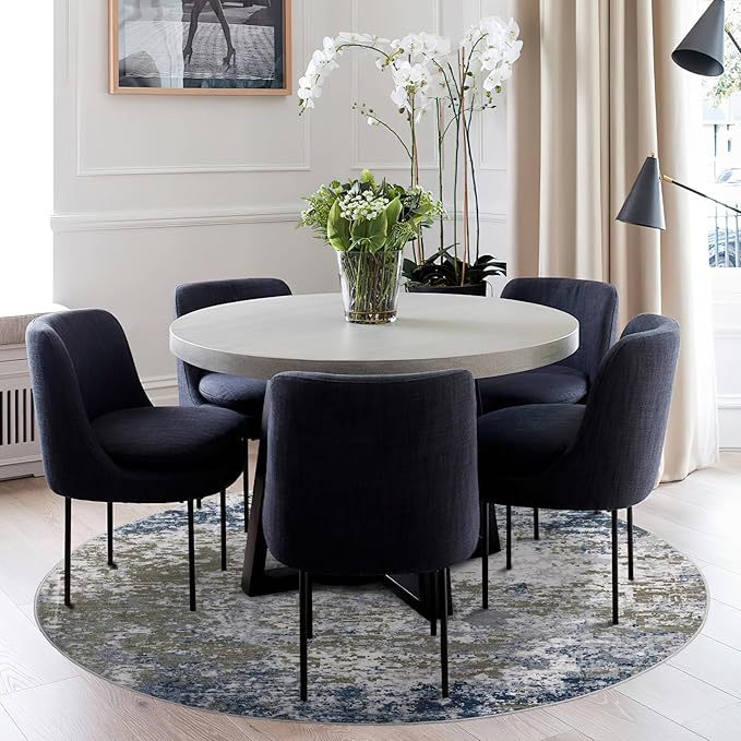 Modern Abstract 6x6 Round Area Rug Non Slip Non Shedding Rug Low Pile Stain Resistant for Bedroom Living Room Office Dining Room,Navy