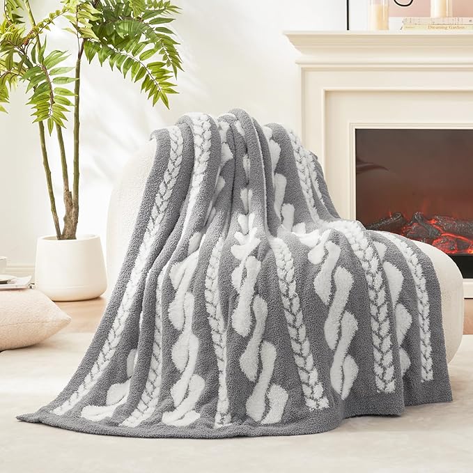 Amélie Home Cable Knit Throw Blanket for Couch, Bicolour Super Soft Fuzzy Blanket for Sofa, Luxury Cozy Fluffy Throw for Room Decor, 50" x 60", Cable Grey & White