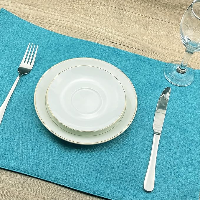 Weabetfu Cloth Placemats Set of 6 Heat Resistant Dining Table Placemmats Cotton Linen Machine Washable Kitchen Table Mats Wrinkle Free Thick Fabric Place Mat,Easy to Clean,13"x19" Teal