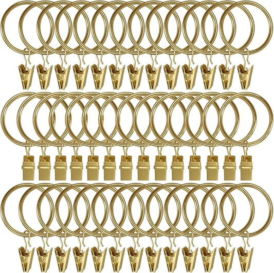 40 Pack Metal Curtain Rings with Clips, Curtain Clip Rings Hooks for Hanging Drapery Drapes Bows, Curtain Rod Rings 1.5 inch Interior Diameter, Gold