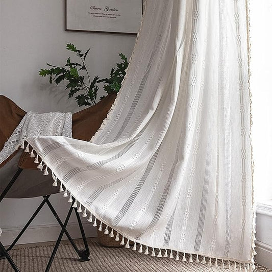 Sutuo Home Boho Curtains 96 Inches Long for Bedroom Living Room, Hollow Stripes Bohemian Embroidery Drape Light Filtering Cream Vintage Shabby Chic Tassels Window Treatment 1 Panel 52"W x 96"L,White