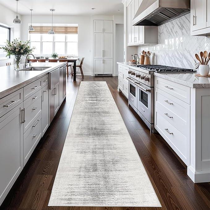 Enkor Runner Rugs for Hallway, 2'7"x13 Washable Soft Non Slip Rugs Abstract for Kitchen, Modern Mat for Entryway Living Room Bedroom White & Grey