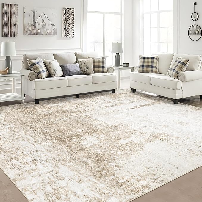 8x10 Area Rugs Washable Rug, Soft Modern Abstract Rugs for Living Room Large Low Pile Thin Rug Non Slip Indoor Neutral Carpet for Bedroom Dining Room Farmhouse Office Kids Playroom Beige