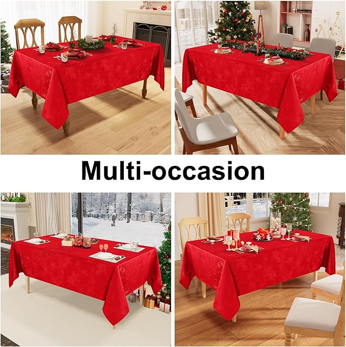 Smiry Rectangle Christmas Red Tablecloth, 60x140 Inch Waterproof Damask Table Cloth, Holly Patterns Fabric Table Covers for Christmas Dinner, and New Year Celebration, Burgundy