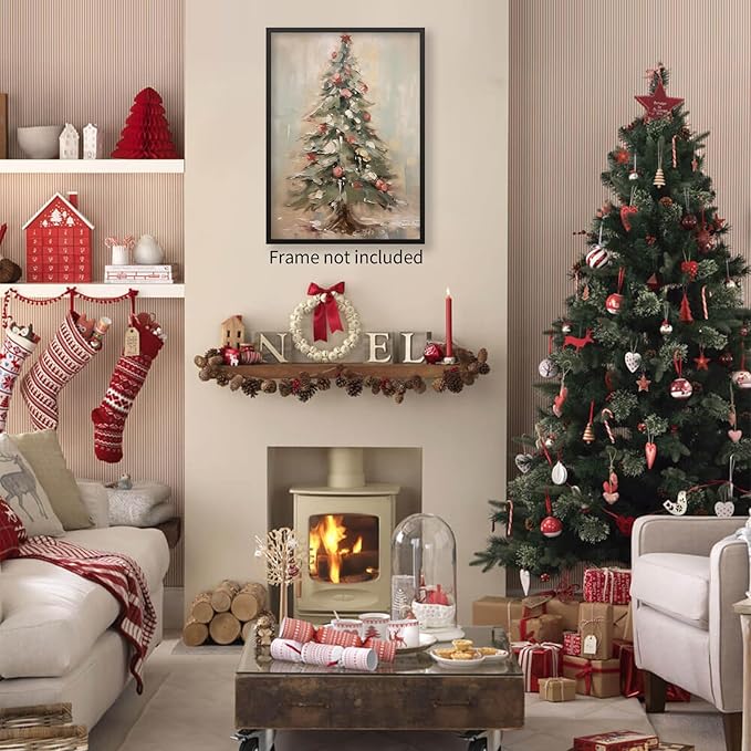 Winter Christmas Tree Wall Art Vintage Nature Botanical Pine Poster Forest Cottagecore Canvas Painting Prints for Living Room Office Wall Decor 12x16 inch Unframed