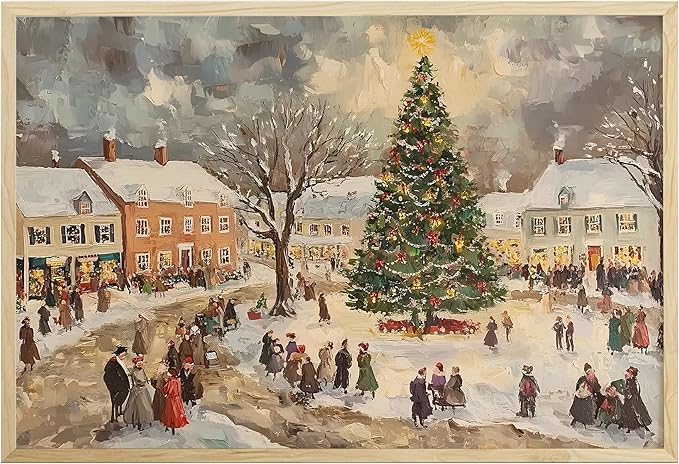 Vintage Winter Village Art for Holiday Home Decor, Snowy Christmas Tree Town Scene Wall Art, Xmas Print, Festive Winter Gathering Artwork, Classic Seasonal Christmas Decoration (Unframed) (11x14)