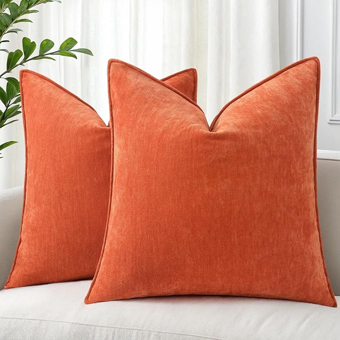 decorUhome Christmas Couch Throw Pillow Covers 24x24 Set of 2, Decorative Soft Euro Velvet Neutral Chenille Pillow Covers with Elegant Design for Sofa Bed Living Room Home Decor, Rust