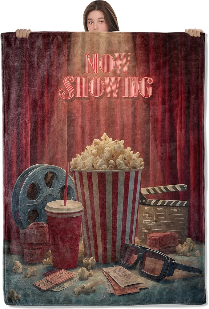Funny Popcorn Flannel Throw Blanket, 60"x80", Retro Movie Reel and Ticket, Soft Warm Lightweight Blankets, Machine Washable, Adults Gifts, Outdoor Indoor Travel Hiking Nap Throw, Home Decorate